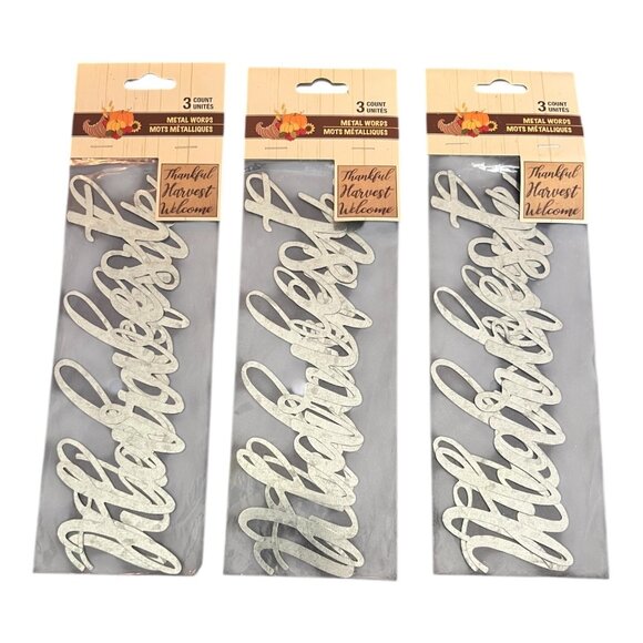 Set Of 3 Fall Metal Inspirational Words Thankful Harvest Welcome Approx 3" X 9" - Picture 1 of 3